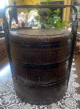 Antique 19C CHINESE Blk Lacquer CARVED 3-Tier Wedding Basket Sewing Box