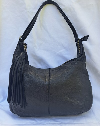 Margot Black Distressed Leather Slouchy Hobo Shoulder Bag Purse with Tassel VTG
