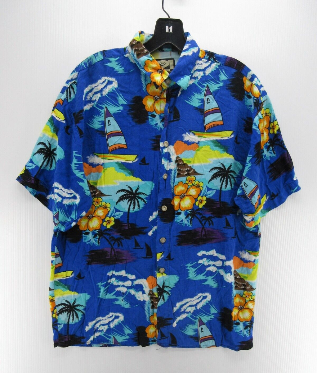 VINTAGE Rue 21 Shirt Men Medium Blue Hawaiian Palm Tree Sailing