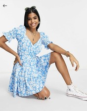 Influence Puff Sleeve Wrap Style Mini Dress Blue & White Floral Size UK 16