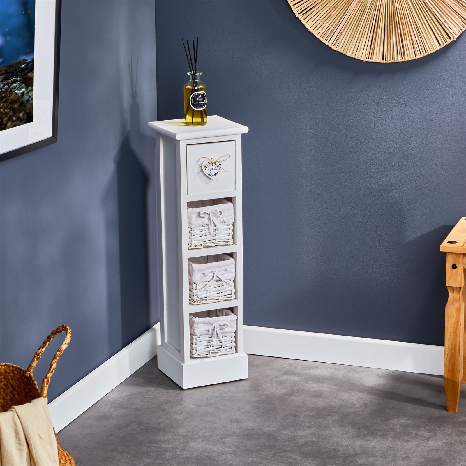 Chiffonnier avec 1 tiroir et 3 paniers en bois paulownia shabby chic blanc