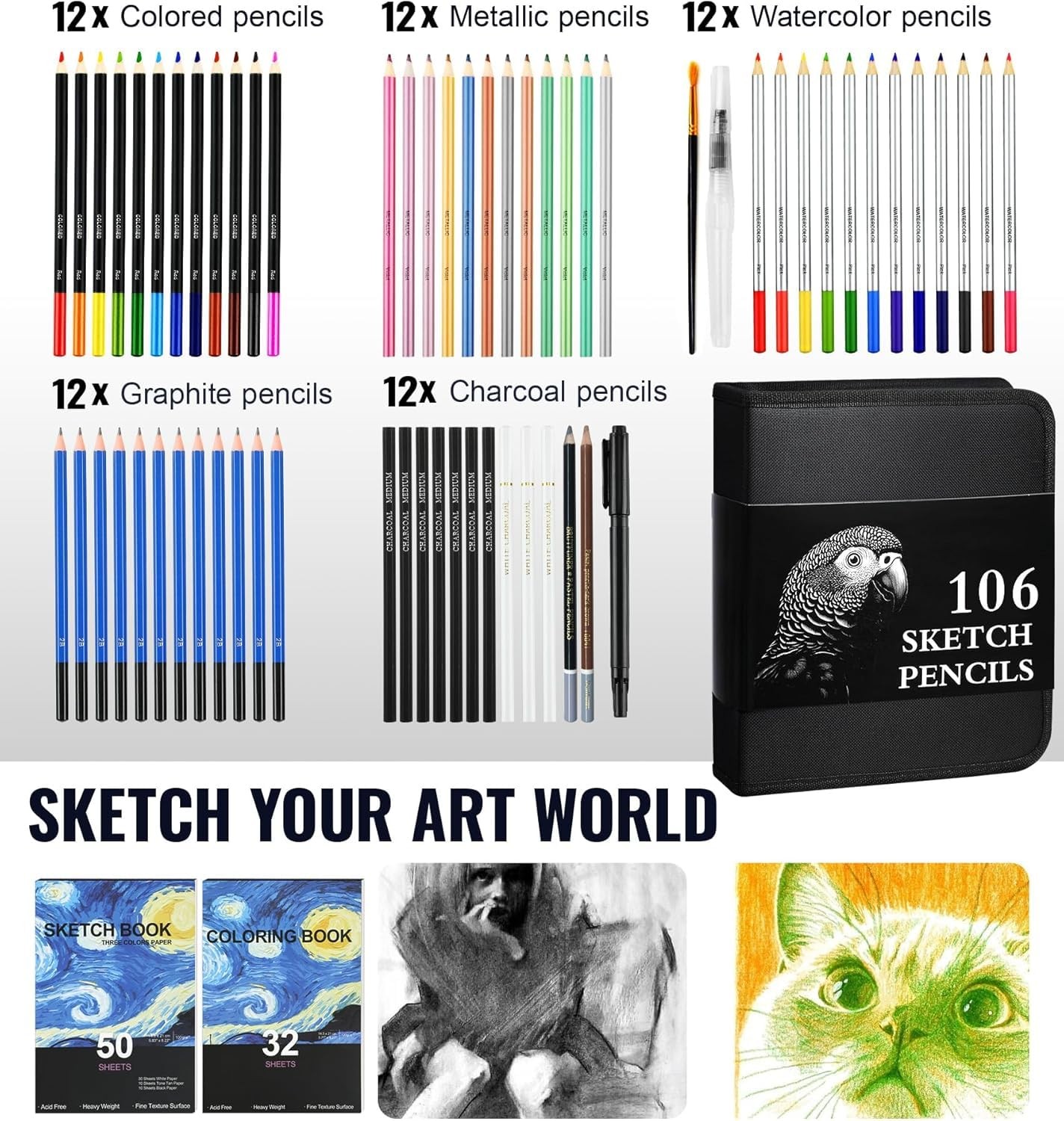 106-Piece Art Supplies Sketching Kit with 3-Color Sketch Book Coloring Book D