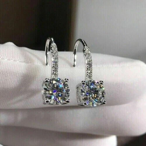 3Ct Round Cut Real Moissanite Women's Drop/Dangle Earrings 14K White Gold Plated - Picture 4 of 4