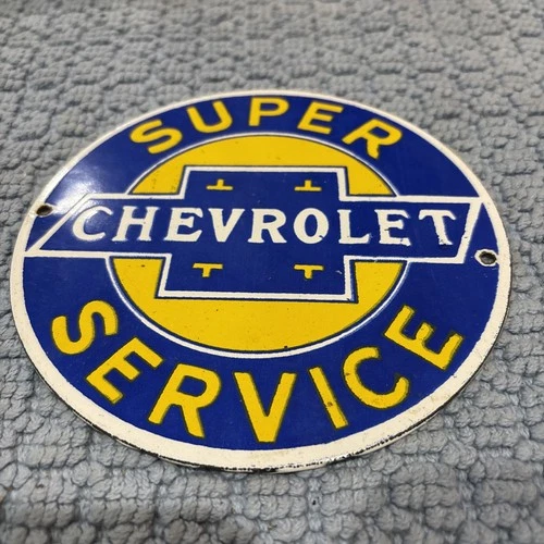 Vintage SUPER CHEVROLET SERVICE Porcelain Advertising Shop Gas Station Sign 6”