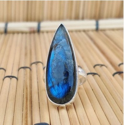 Blondes Labradorit Edelstein Ring 925 Sterling Silber Besetzt Pear S-34A