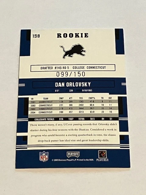 DAN ORLOVSKY rc 2005 Playoff Prestige XTRA POINTS RED #d /150 Lions UCONN - Image 2 of 2