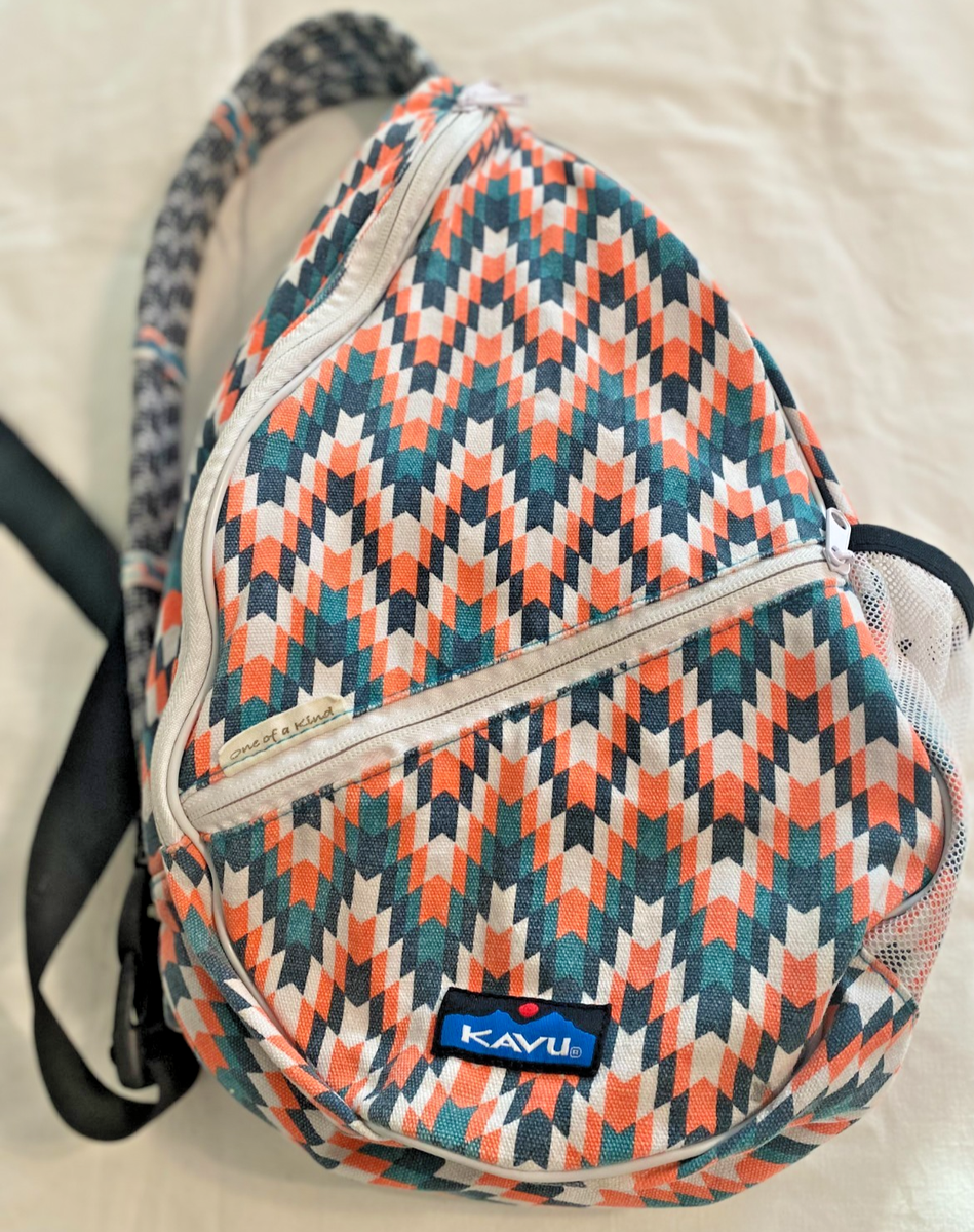 Kavu Teal & White Cotton Patterned Rope Sling Backpack Amazon.com | KAVU Mini Rope Sack Sling Crossbody Backpack  main image 4