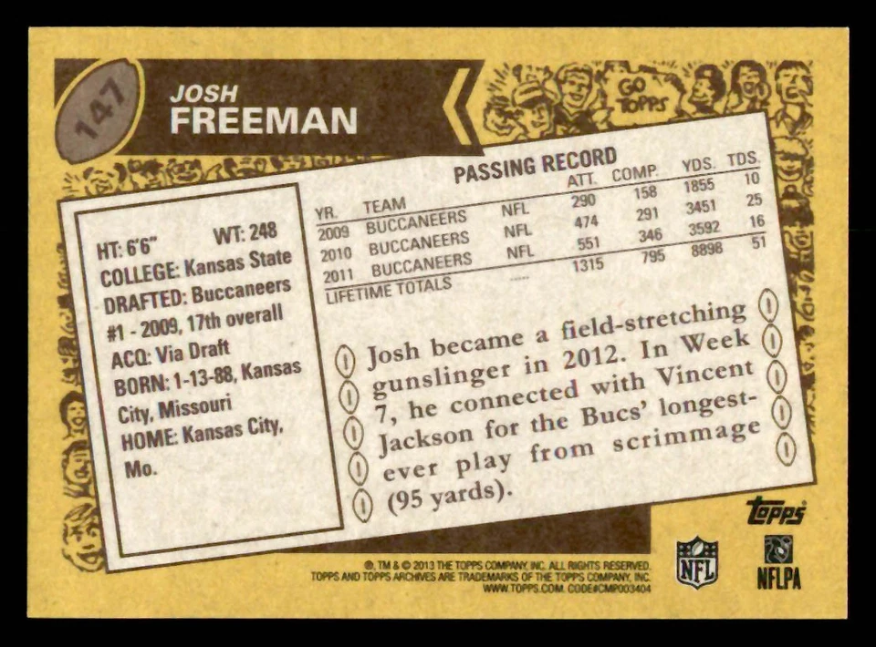 2013 Topps Archives #147 Josh Freeman Tampa Bay Buccaneers - Image 2 of 2