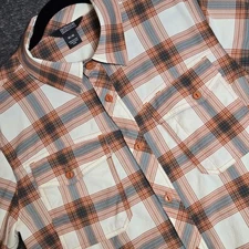 Outdoor Research Wanderer Shirt MedBlue Orange Plaid Hiking Travel Stretch UPF