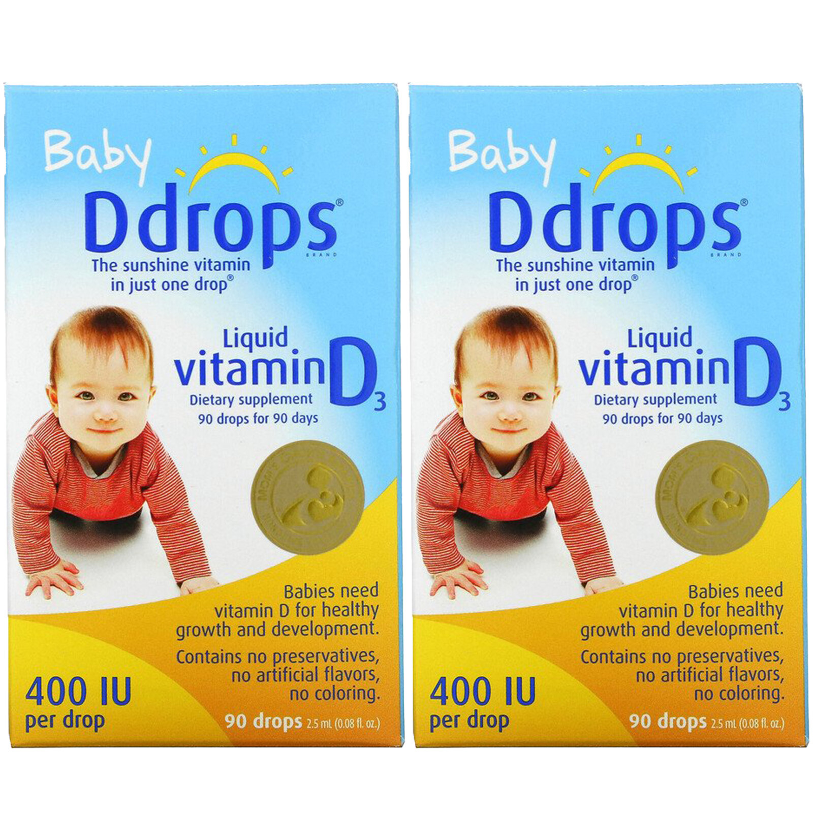 Ddrops, Baby, (2 упаковки) жидкий витамин D3, 400 МЕ, 0,08 жидких унций (2,5 мл), 90 капель
