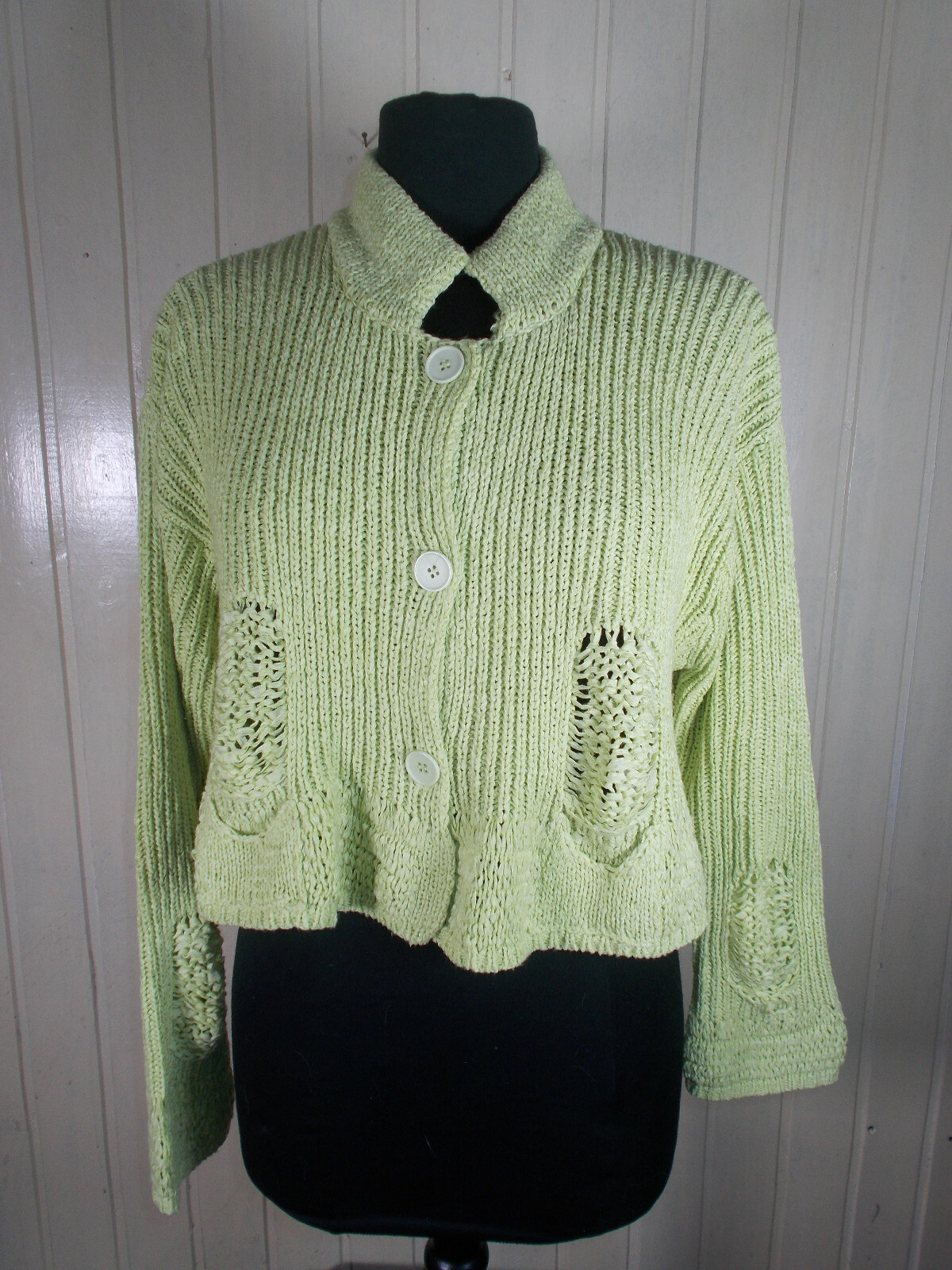 LAUREN VIDAL Green Openwork Knit Button Short Ves… - image 1