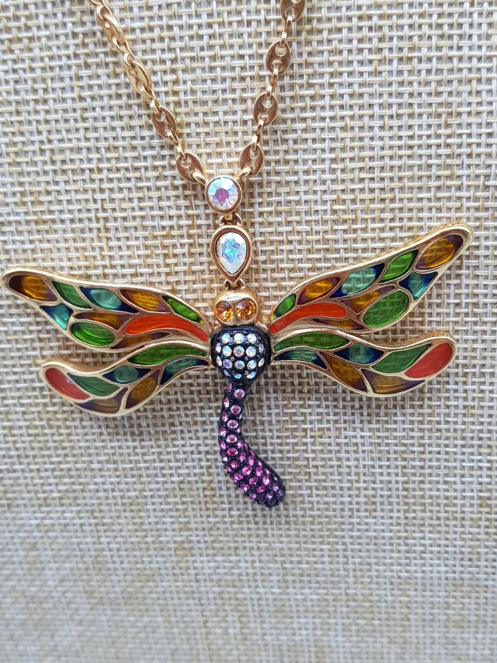 Vintage Halskette Kette Collier mit Anhänger Libelle Strass - Bild 2 von 4