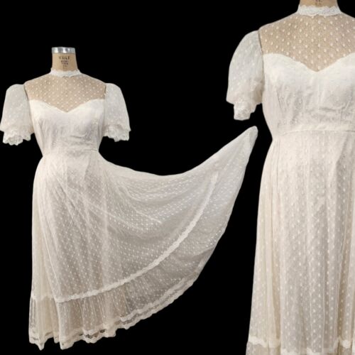 Vtg 70s Wedding Dress Plus Size XL Lace Bridgerton Boho Puff Sleeve Empire Maxi - Afbeelding 1 van 18