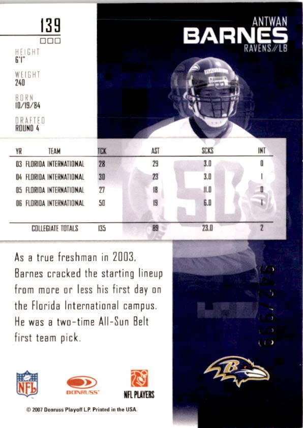 2007 Leaf Rookies & Stars Longevity #139 Antwan Barnes #/999 - Image 2 of 2
