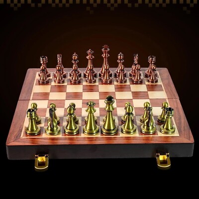 Retro Schachspiel aus verkupfertem Metall - großes Brettspiel für Erwachsene mit Aufbewahrungsbox