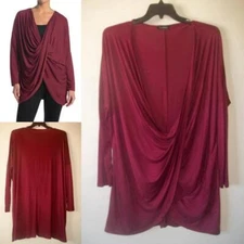 CARALASE NEW Burgundy Oversized Draped Cowl Neck Split Wrap Long Sleeve Top S M