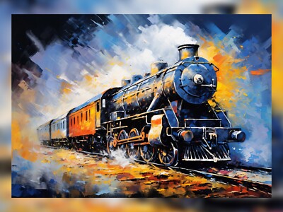 Vintage 5x7 Dampfzugfahrt: Klassische Eisenbahn Ölgemälde Druck