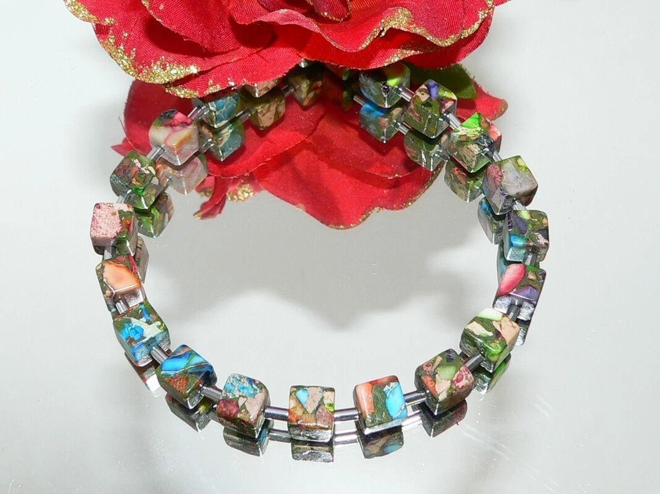 Armband Würfel Cube Edelstein Picaso Jaspis mehrfarbig Hämatit silber 214v - Bild 4 von 4