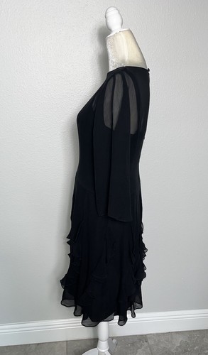 Lillie Rubin VTG Silk Chiffon 3/4 Sleeve A Line Dress Ruffle Black Fairy sz 10 - Picture 4 of 15