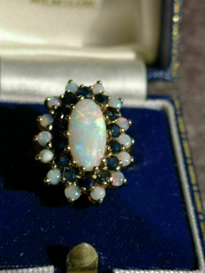 3Ct Simulated Oval&Round Fire Opal & Sapphire 14K Yellow Gold Plated Silver Ring