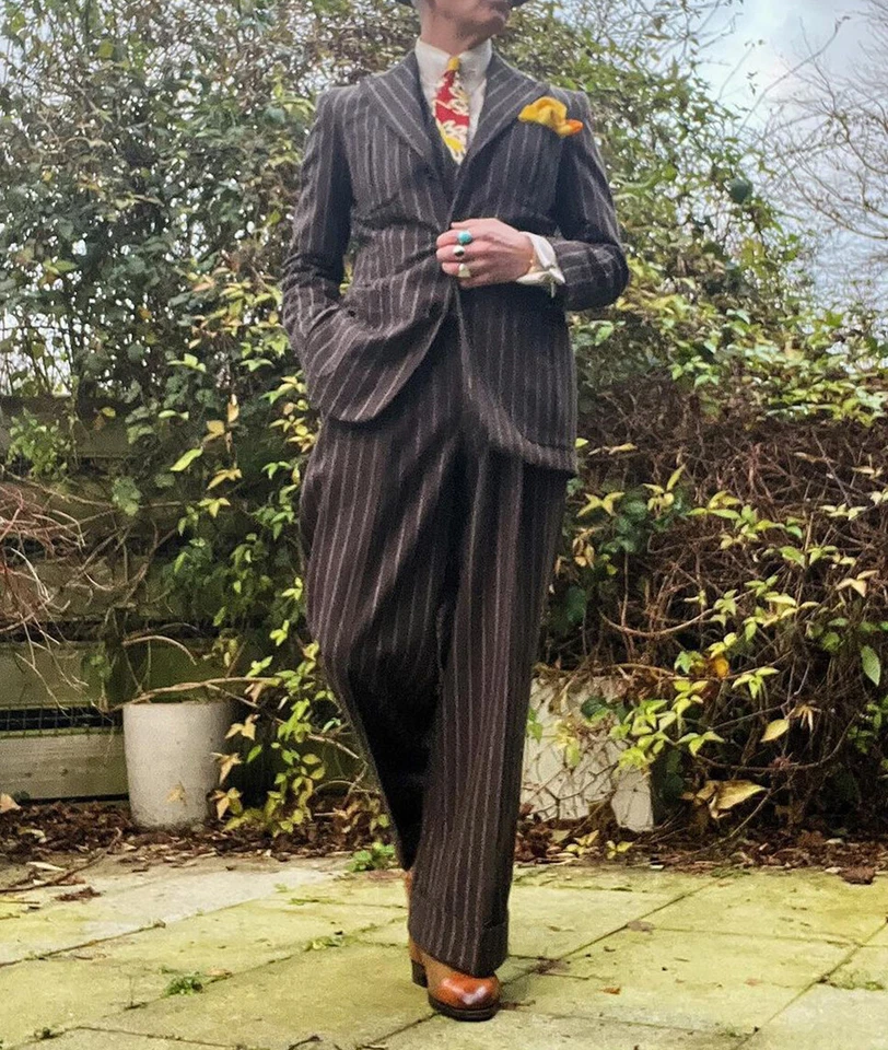 Wool Blend Striped Men's Suits Peak Lapel Single Breasted Tweed Winter Warm Wear - Image 3 of 4