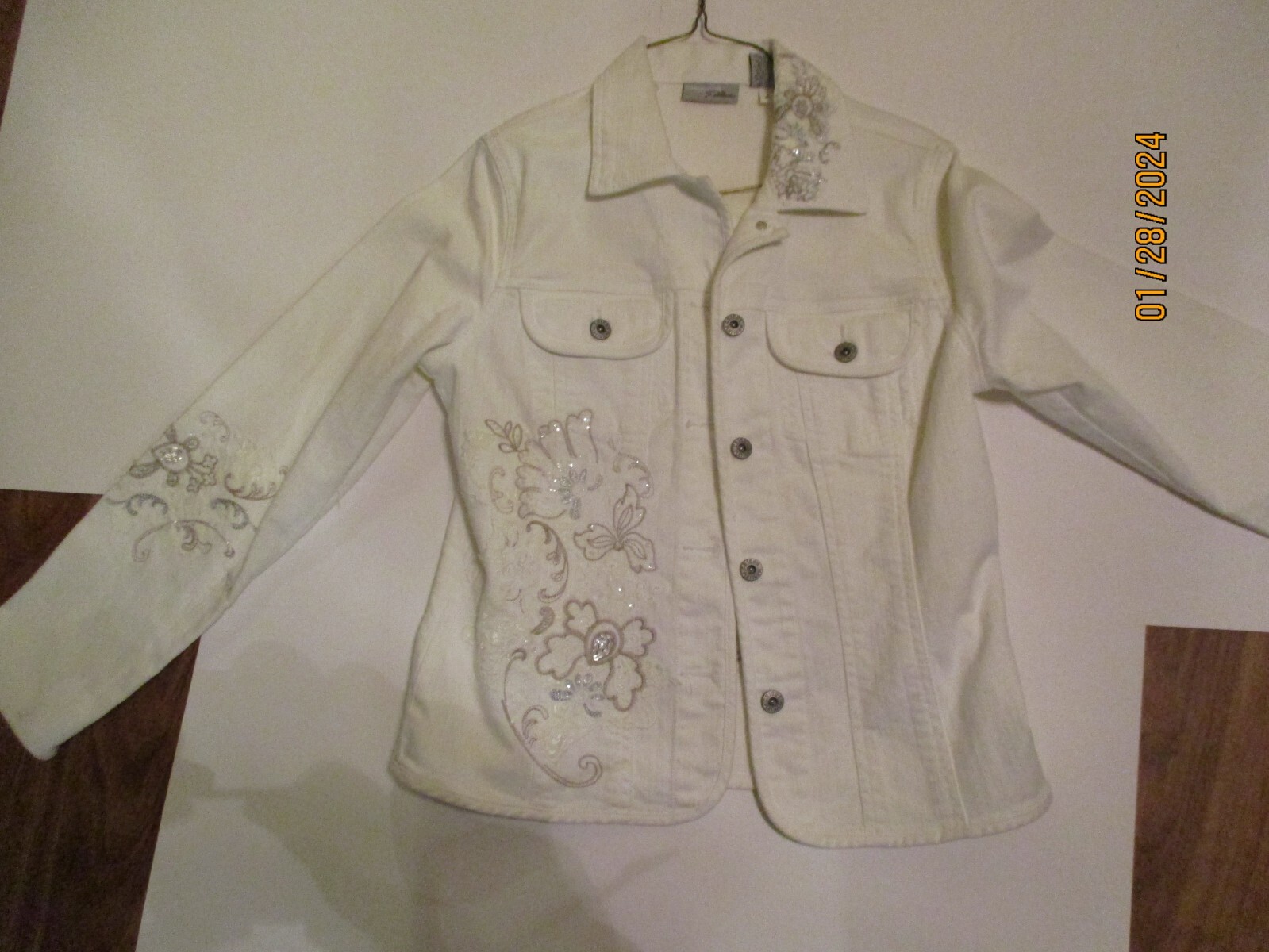 chicos platinum denim jacket crisp white embroider fr… - Gem