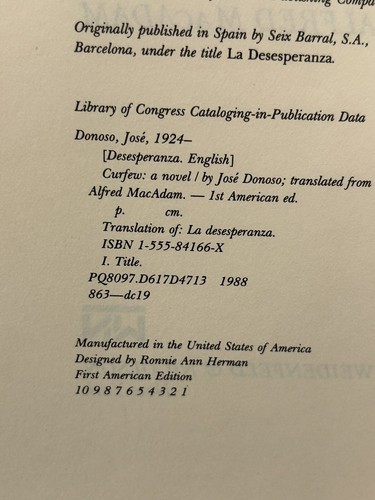 CURFEW / JOSE DONOSO / FIRST AMERICAN EDITION 1ST PRINTING / VG+ HCDJ / CHILE - Bild 11 von 11