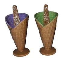Waffle Cone Ice Cream Bowls with Spoons Pair Marked B&B Ceramic Fancy