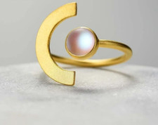 Half moon Art Moonstone Open Ring 925 Sterling Silver YG