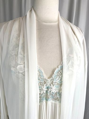 New Jonquil by Diane Samandi Peignoir Set Gown and Robe Ivory w/ AQUA, Lace Sz L - Picture 5 of 24