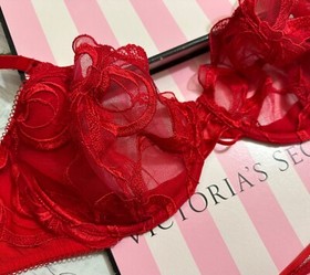 Victoria’s Secret Wicked Unlined Bow Embroidery Bra Brazilian Set Red
