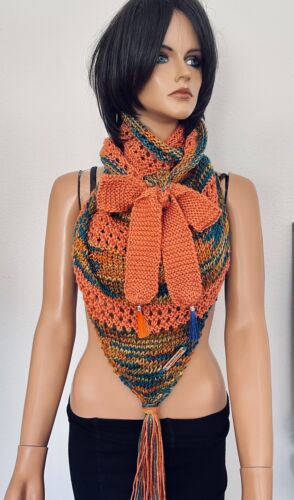 Hand Knit Triangle Shawl Scarf Designer Fashion  Tassels Tie Bow Versatile Hip - Picture 1 of 11