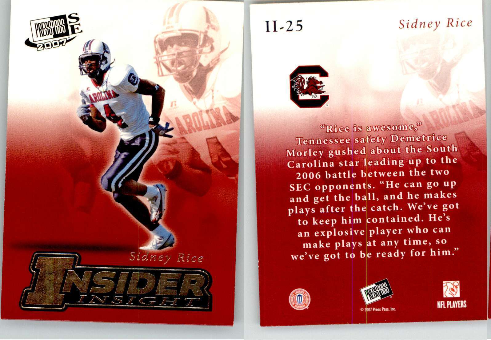 Sidney Rice 2007 Press Pass SE Insider Insight II-25 S Carolina Vikings RC