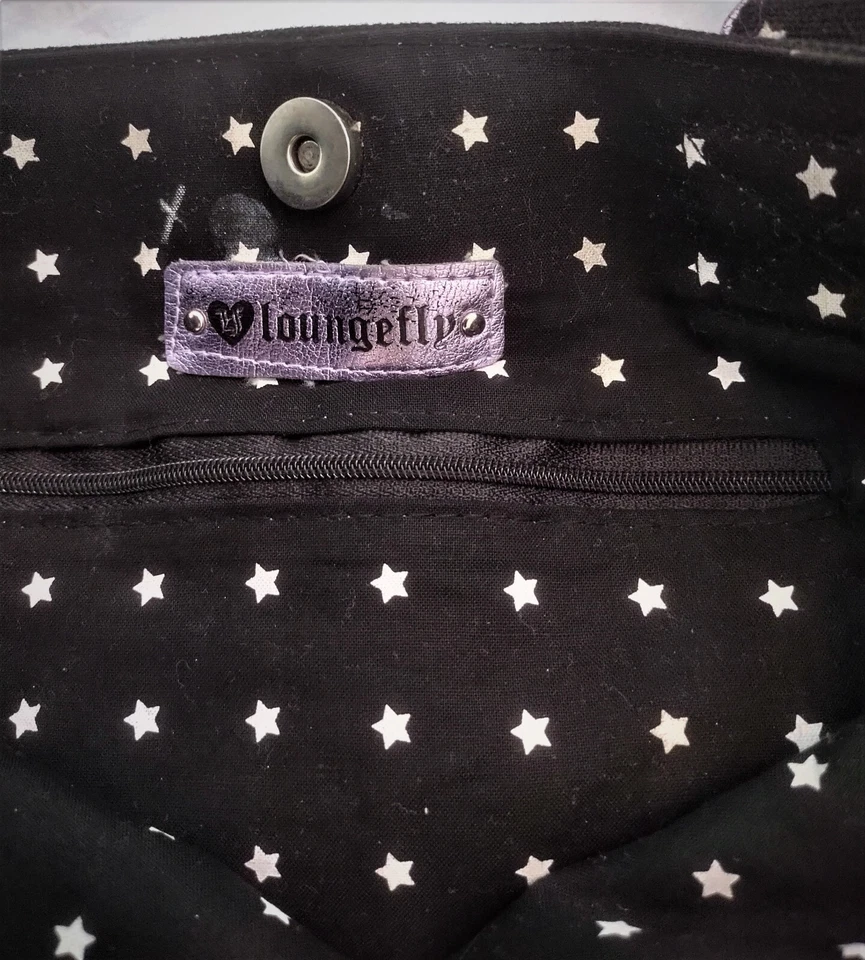 LOUNGEFLY BAG Skull & Crossbones on Black w/ Stars Purple Stitchin HandBag Purse - Image 3 of 4