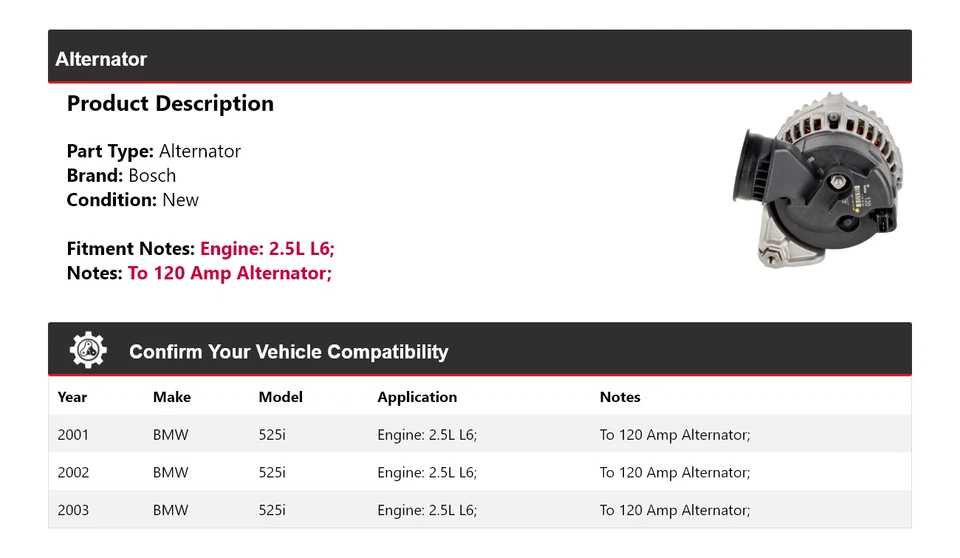 Alternador Bosch para BMW 525i 2001-2003 2,5 L L6 (nuevo) 2002 Foto 2 de 4