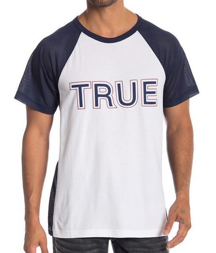 True Religion Men's Size XL White Active T-Shirt w/Blue Raglan Mesh Short Sleeve