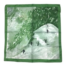 Vintage Italian Scarf Skiers On Mountain Ski Club 25.5  x 24.5  Green White