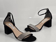 Nina Women's Black Suede Rhinestone Ankle Strap Block Heel Sandals US Size 7M