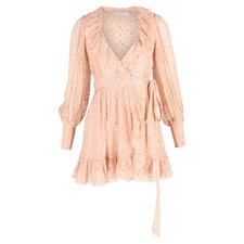 Zimmermann Ruffled Mini Wrap Dress With Gold Polka Dots In Blush Silk Wom XS