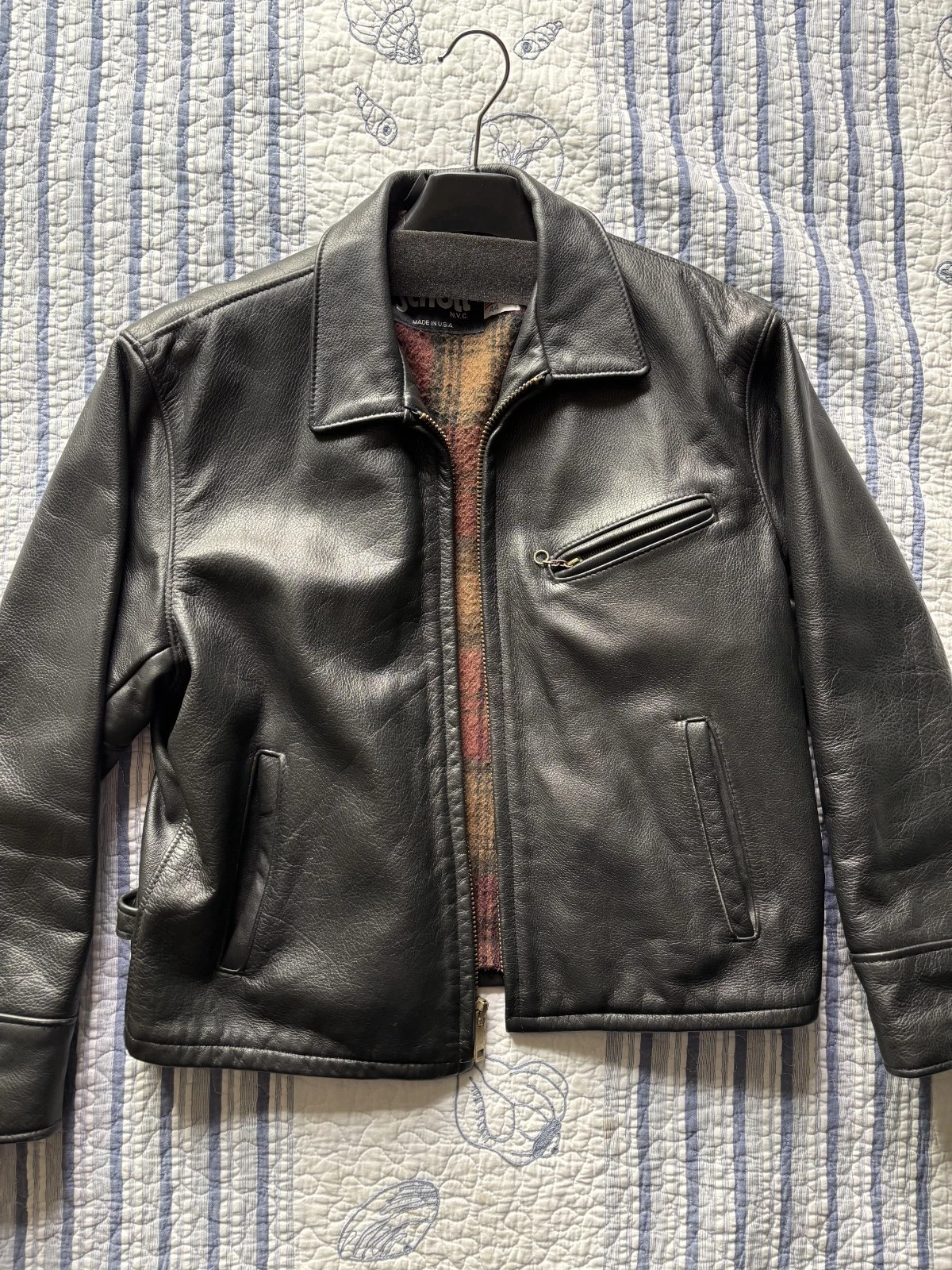 Schott 681 Leather Single Rider Jacket Size 44 Black Collar Flannel Tartan Lined image 1