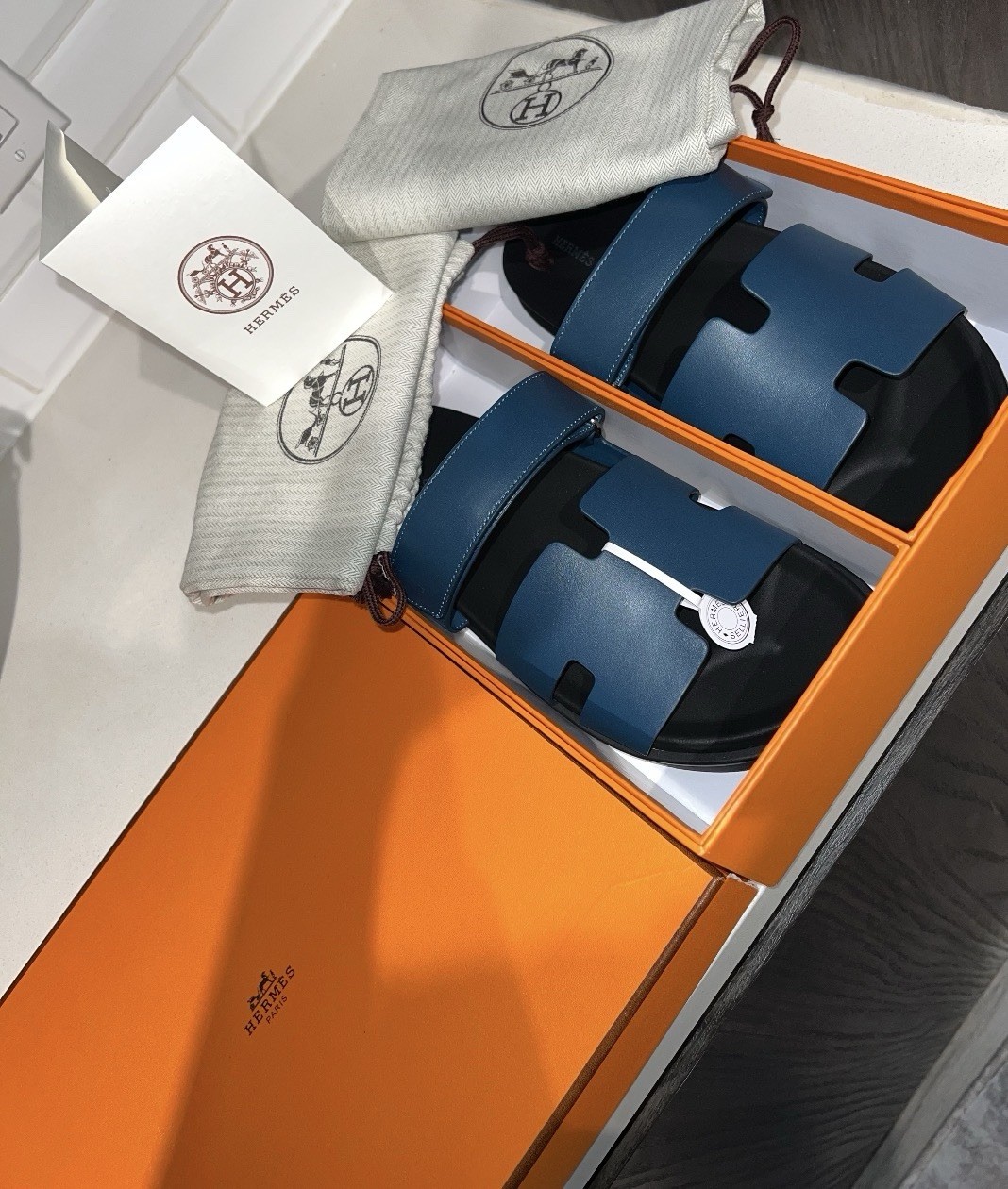 Size 45 EU 12 US  NIB Hermès Blue Turquin Men’s Chypre Sandals w Box Dust Bags image 4
