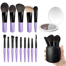 14 pcs Mini Makeup Brushes and Pocket Mirror, Travel Makeup Brush Set, LED Co...