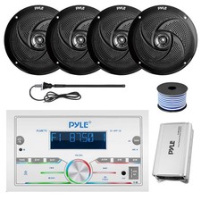 Pyle Double DIN Marine Receiver, Amp, 4x 8'' 320W Black Speakers, Wire, Antenna