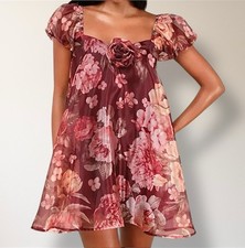 Lulus S Red Floral Organza Mini Dress Puff Sleeve Rosette Cocktail Wedding Guest