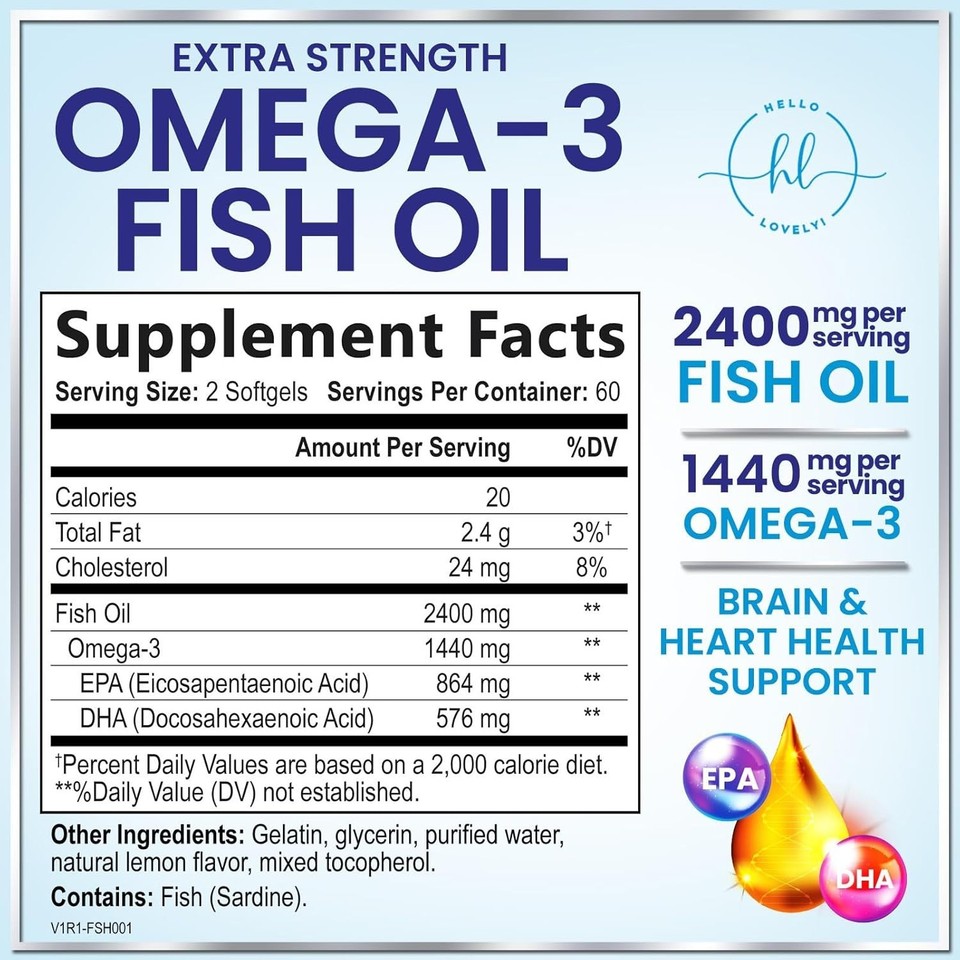 Omega 3 Fish Oil Supplements 2400mg Triple Strength Omega 3 Fatty Acids ...