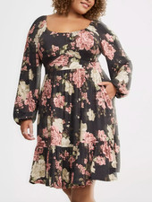 Torrid Super Soft Long Sleeve Tiered Black Floral Jersey Dress SZ 2X Scoop Neck