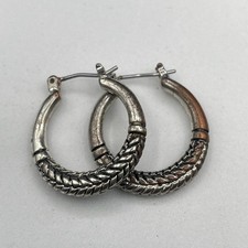 Silver Tone Braided Accent Hoop Earrings Vintage Boho Style