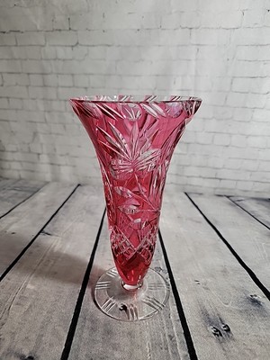Vintage Bohemian Cranberry/Ruby  Cut To Clear, Thistle Design 8.5'' Tall