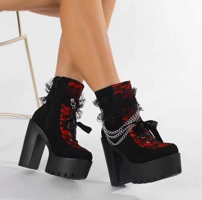 Damenschuhe schwarz Knöchel Plateau Punk Gothic Cosplay klobiger Absatz Stiefel