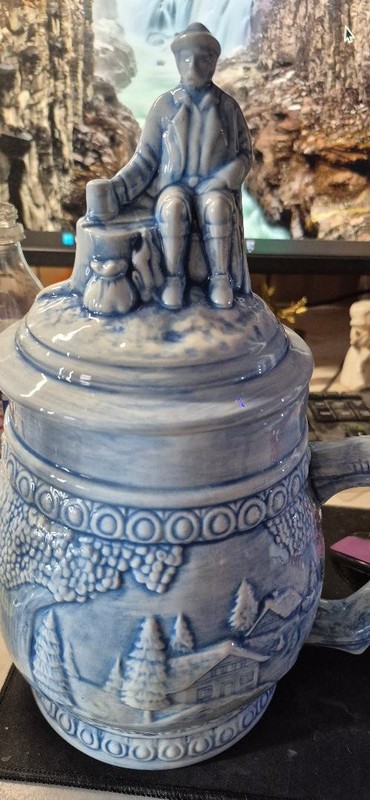 Beer Stein Glazed Blue Ceramic Bisque 12"x6.5" Alpine Scenes, approx. 1 Gallon